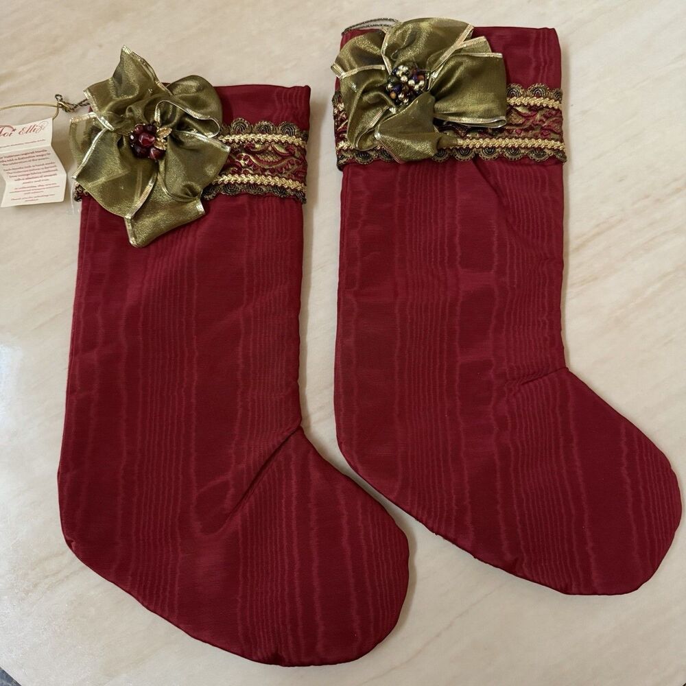 Vintage Joi Ellis Victorian Christmas Mantle Stockings Pair Red Gold 17in